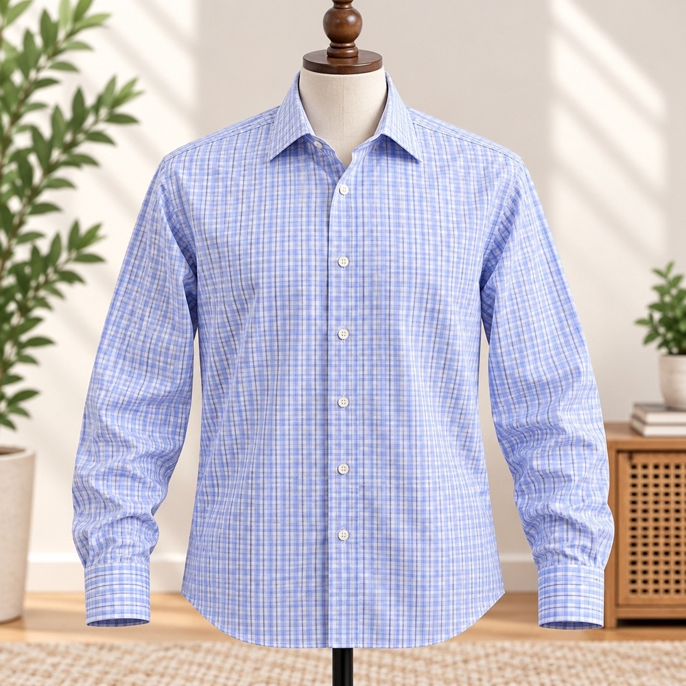Kirkland Signature Dress Shirt Mens 16.5 32/33 Blue Plaid Tailored Fit Non-Iron